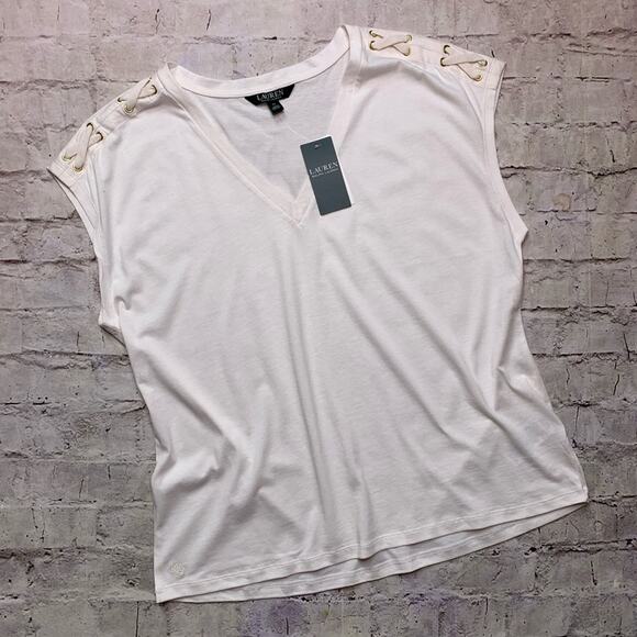 NEW Lauren Ralph Lauren Braided Sleeve Tee! - Picture 1 of 6
